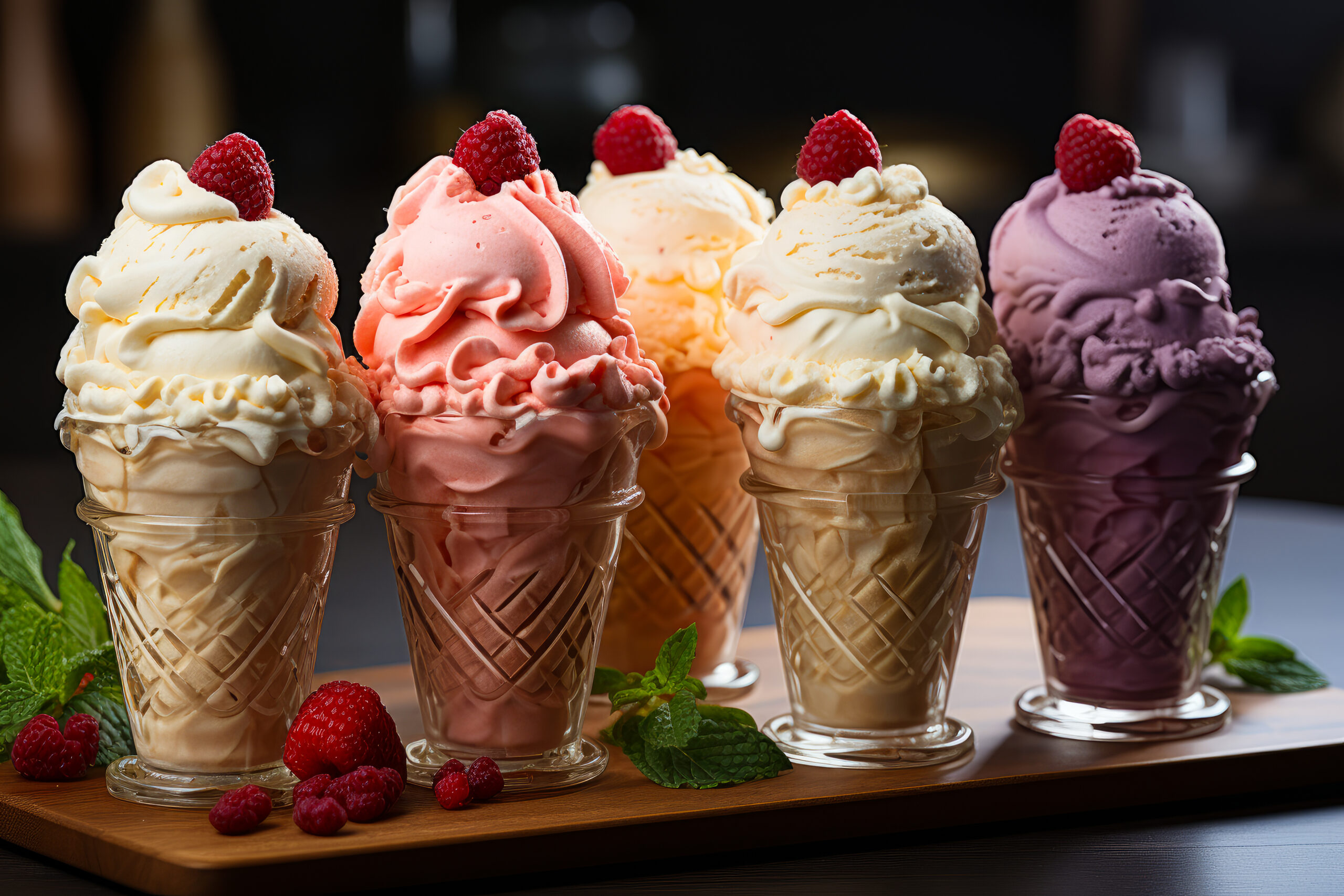 Five kinds of ice cream on a white background. A row of ice cream cones with raspberries on top