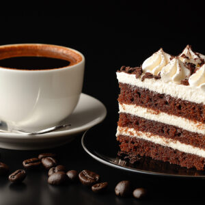 A cup of coffee and plate of cake isolated in black background.